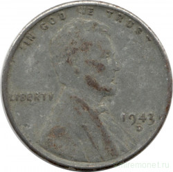 Монета. США. 1 цент 1943 год. Монетный двор D.