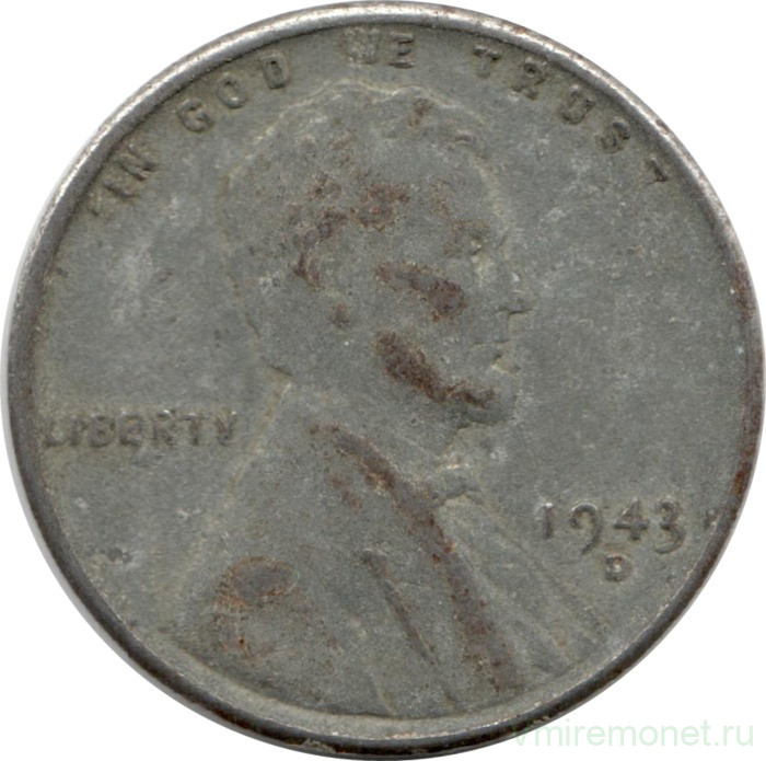 Монета. США. 1 цент 1943 год. Монетный двор D.