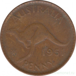 Монета. Австралия. 1 пенни 1951 год. Точка после "PENNY".