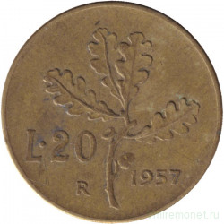 Монета. Италия. 20 лир 1957 год. Прямой хвост у "7".