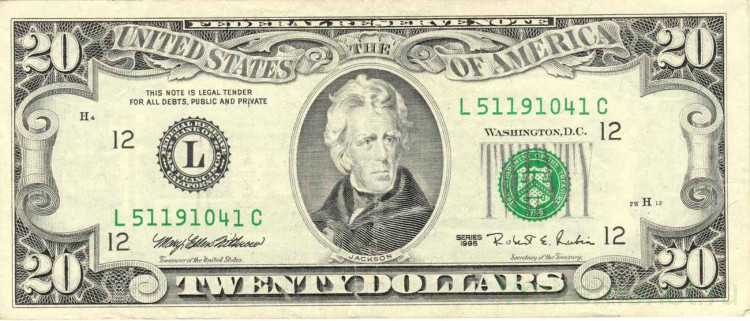 20 долларов фото Банкнота. США. 20 долларов 1995 год. Серия L. Тип 500. - 4 000,00 руб. -20 долла