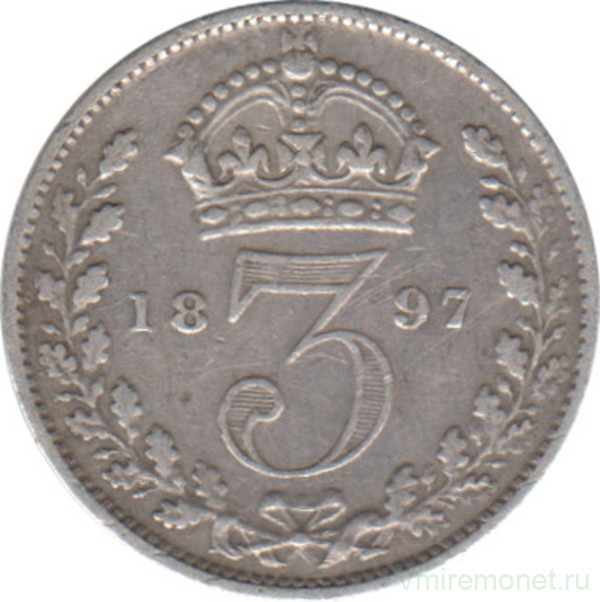 Монета. Великобритания. 3 пенса 1897 год.