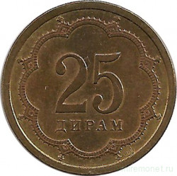 Монета. Таджикистан. 25 дирамов 2001 год.