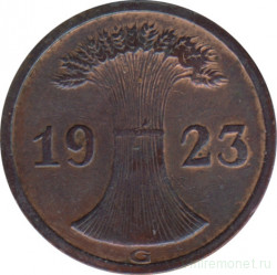 Монета. Германия. Веймарская республика. 2 рентенпфеннига 1923 год. Монетный двор - Карлсруэ (G).