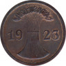 Монета. Германия. Веймарская республика. 2 рентенпфеннига 1923 год. Монетный двор - Карлсруэ (G). ав.