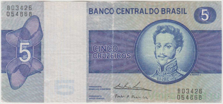 Банкнота. Бразилия. 5 крузейро 1970 - 1979 год. Тип 192c.