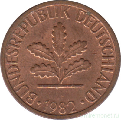 Монета. ФРГ. 1 пфенниг 1982 год. Монетный двор - Гамбург (J).