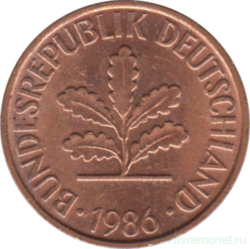 Монета. ФРГ. 2 пфеннига 1986 год. Монетный двор - Штутгарт (F).