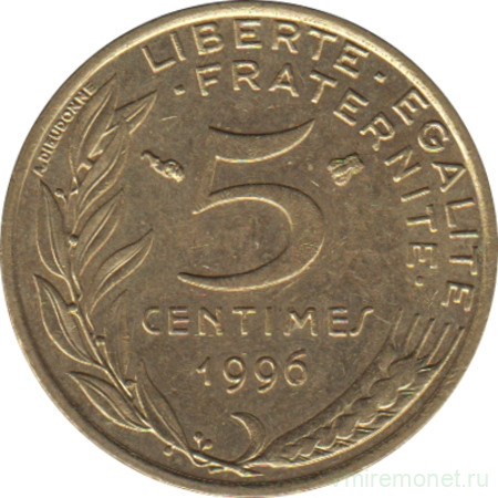 Монета. Франция. 5 сантимов 1996 год.
