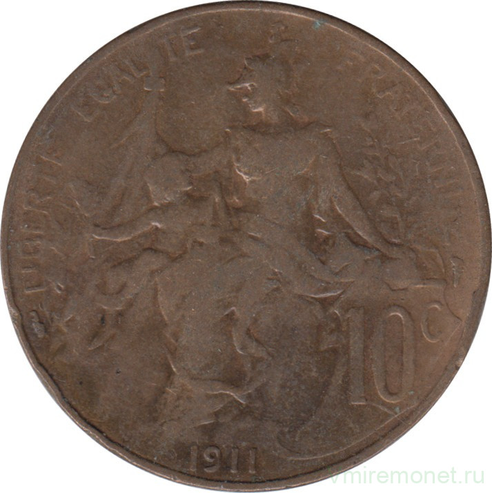 Монета. Франция. 10 сантимов 1911 год.