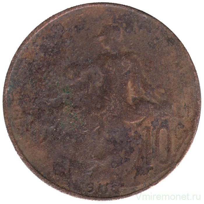 Монета. Франция. 10 сантимов 1911 год.