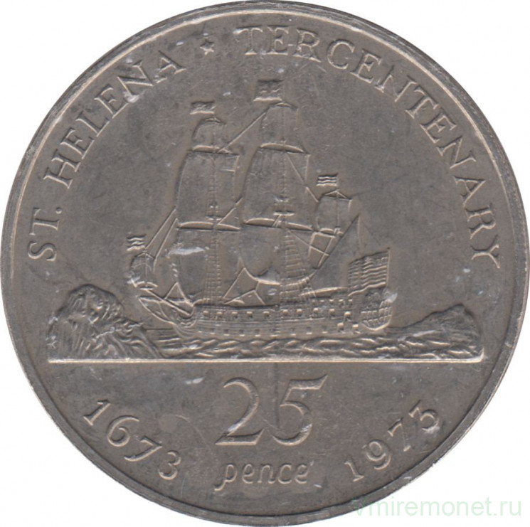 Монета. Остров Святой Елены. 25 пенсов 1973 год. 300 лет восстановления британского владения островом.