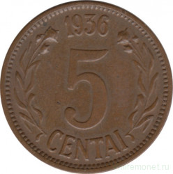 Монета. Литва. 5 центов 1936 год.
