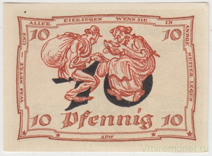 Бона. Нотгельд. Германия. Город Арнштадт. 10 пфеннигов 1921 год. Реверс 3. Вариант 43.1.3.