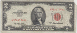 Банкнота. США. 2 доллара 1953 год. Красная печать. А. Тип 380а.