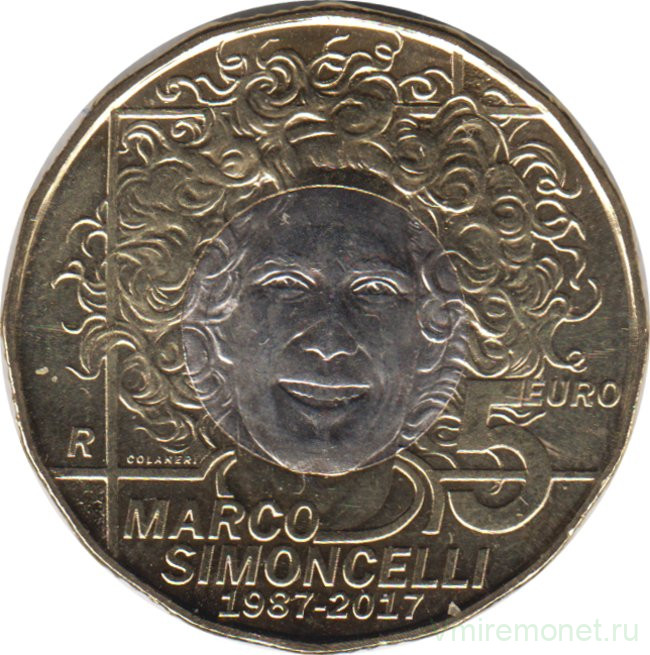 Монета. Сан-Марино. 5 евро 2017 год. 30 лет со дня рождения Марко Симончелли.