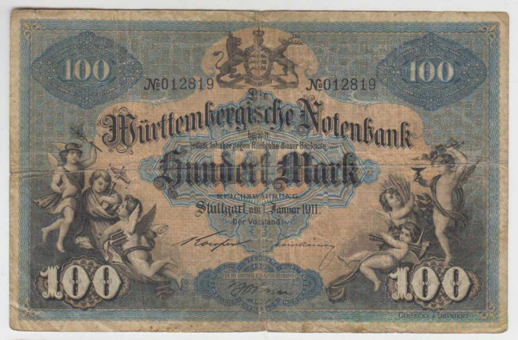 Банкнота. Германия. Германская империя (1871-1918). Вюртенбергише Нотебанк. 100 марок 1911 год. Тип C (разновидность подписей).