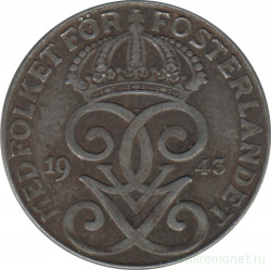 Монета. Швеция. 2 эре 1943 год.