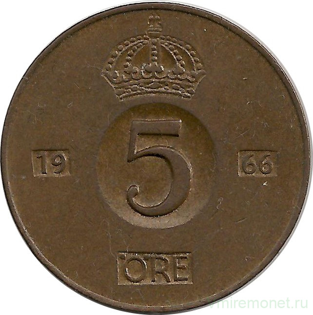 Монета. Швеция. 5 эре 1966 год.