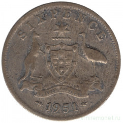Монета. Австралия. 6 пенсов 1951 год.
