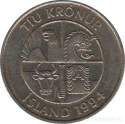 Монета. Исландия. 10 крон 1994 год.