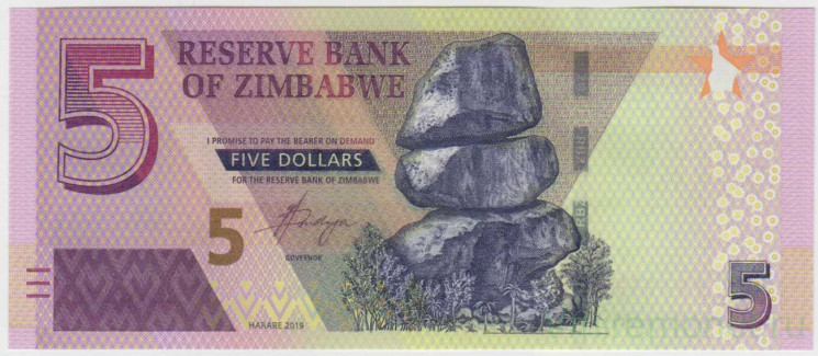 Банкнота. Зимбабве. 5 долларов 2019 год.