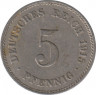 Монета. Германия (Германская империя 1871-1922). 5 пфеннигов 1915 год. Немагнитная. (J). ав.