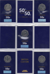 Монета. Великобритания. Набор 5 штук. 50 пенсов 2019 год. 50 лет монете 50 пенсов.
