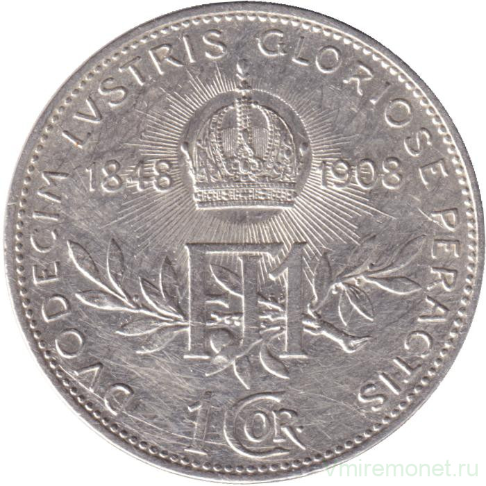 Монета. Австро-Венгерская империя. 1 крона 1908 год. 60 лет правления Франца-Иосифа. Австрийский тип.