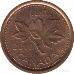 Монета. Канада. 1 цент 2010 год. Цинк покрытый медью. Реверс - кленовый лист.