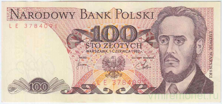 Банкнота. Польша. 100 злотых 1982 год. Людвиг Варинский. Тип 143d. 