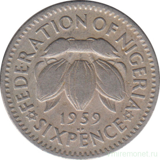 Монета. Нигерия. 6 пенсов 1959 год.