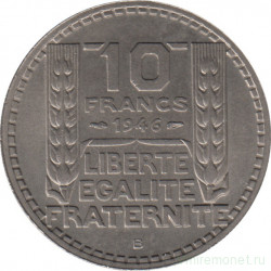 Монета. Франция. 10 франков 1946 год. Монетный двор - Бомон-ле-Роже(B). В венке короткие листья. "B" приспущена.