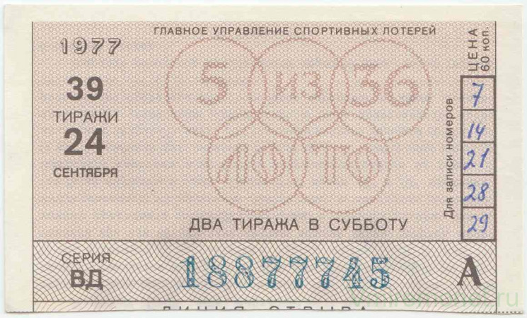 Лотерейный билет. СССР. Главное управление спортивных лотерей. Корешок от билета лотереи "Спортлото 5 из 36". 39 тираж 1977 г.  