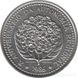 Монета. Португалия. Азорские острова. 100 эскудо 1986 год. 10 лет Региональной автономии. Серебро.