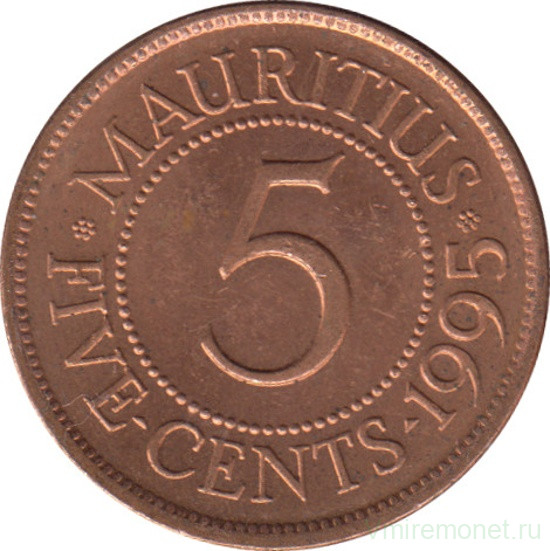 Монета. Маврикий. 5 центов 1995 год.