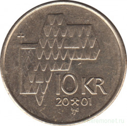 Монета. Норвегия. 10 крон 2001 год.