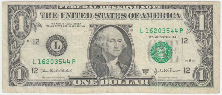 Банкнота. США. 1 доллар 2003 год. Серия L. Тип 515b.
