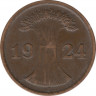 Монета. Германия. Веймарская республика. 2 рентенпфеннига 1924 год. Монетный двор - Гамбург (J). ав.