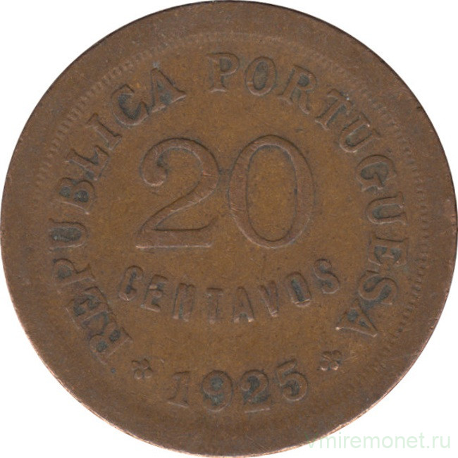 Монета. Португалия. 20 сентаво 1925 год.