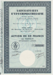 Акция. Франция. Тулуза. Акционерное общество "LABORATOIRES D'OPOCHIMIOTHERAPIE". Акция на предъявителя в 50 франков 1968 год.