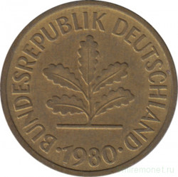 Монета. ФРГ. 5 пфеннигов 1980 год. Монетный двор - Карлсруэ (G).