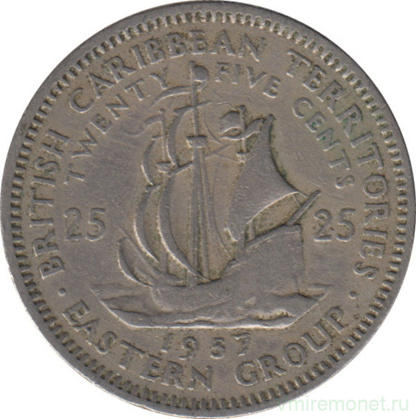 Монета. Британские Восточные Карибские территории. 25 центов 1957 год.