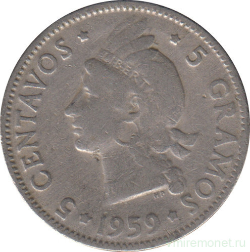 Монета. Доминиканская республика. 5 сентаво 1959 год.