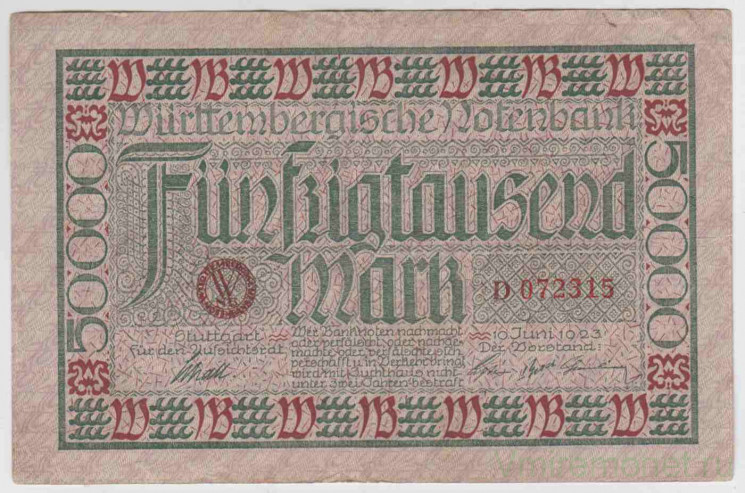 Банкнота. Германия. Веймарская республика. Вюртенбергише Нотебанк. 50000 марок 1923 год.
