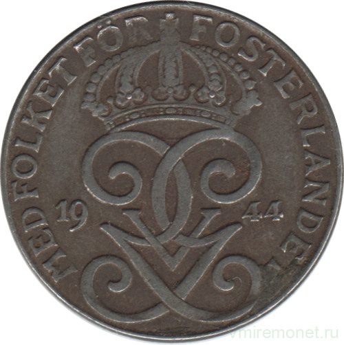 Монета. Швеция. 2 эре 1944 год.