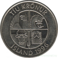 Монета. Исландия. 10 крон 1996 год.