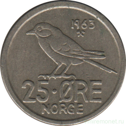Монета. Норвегия. 25 эре 1963 год.