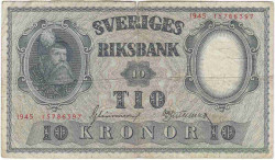 Банкнота. Швеция. 10 крон 1945 год.