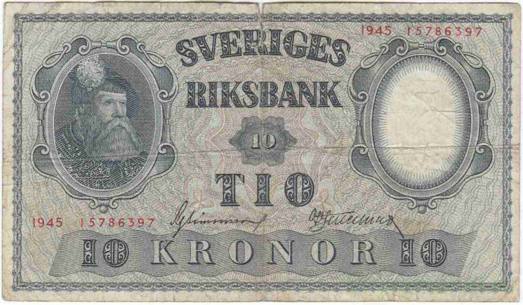 Банкнота. Швеция. 10 крон 1945 год.